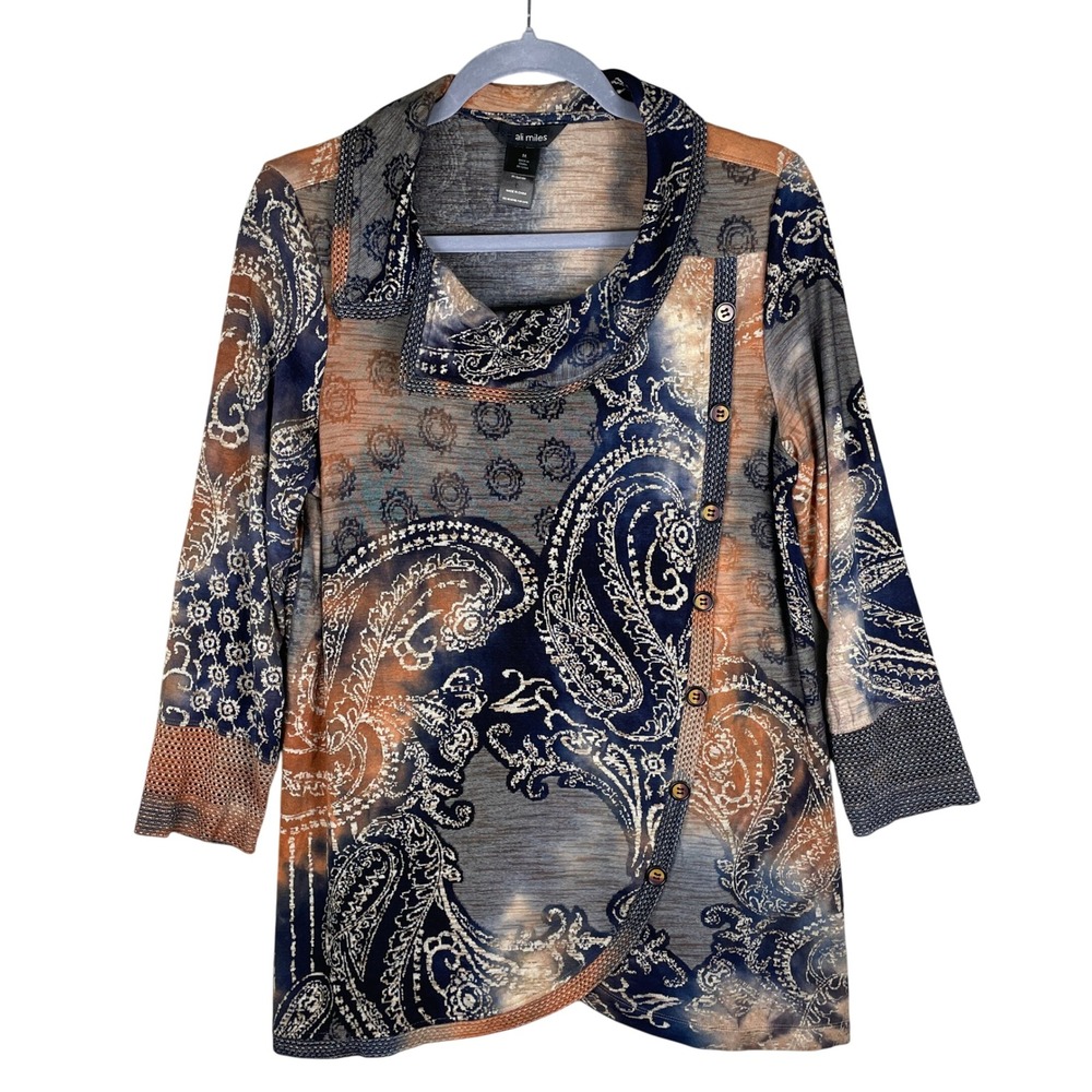Ali Miles Paisley Tunic Womens Medium Blue Orange Excellent Cowl Neck Asymmetric